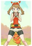  bike_shorts bike_shorts_under_shorts blue_eyes bracelet brown_hair fanny_pack gameguran gen_3_pokemon hair_ribbon haruka_(pokemon) holding holding_poke_ball jewelry long_hair poke_ball poke_ball_(generic) pokemon pokemon_(creature) pokemon_(game) pokemon_oras ribbon short_shorts shorts sleeveless smile tank_top torchic 