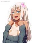  :d bandaid bandaids_on_nipples bangs blue_eyes blush breasts clothes_pull eyebrows eyebrows_visible_through_hair eyelashes flower hair_flower hair_ornament kantai_collection kurowan long_hair long_sleeves looking_away no_bra one-piece_tan open_mouth pasties pink_flower ro-500_(kantai_collection) silver_hair simple_background small_breasts smile solo sweater sweater_pull tan tanline twitter_username upper_body white_background 