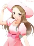  bow brown_eyes collarbone dress eyebrows eyebrows_visible_through_hair hat idolmaster idolmaster_(classic) long_hair minase_iori ookami_maito open_mouth pink_bow pink_dress pink_hat signature simple_background solo upper_body white_background 
