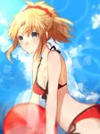  bad_id bad_pixiv_id ball beachball bikini blonde_hair blue_sky blush breasts cleavage cloud creat day dutch_angle fate/apocrypha fate/grand_order fate_(series) green_eyes lens_flare mordred_(fate)_(all) mordred_(swimsuit_rider)_(fate) ponytail red_bikini sideboob sky small_breasts solo swimsuit 