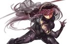  azuki_(azuki-taste) bodysuit breasts fate/grand_order fate_(series) gae_bolg highres holding holding_weapon large_breasts long_hair purple_hair red_eyes scathach_(fate)_(all) scathach_(fate/grand_order) simple_background solo veil weapon white_background 