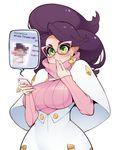  big_hair blush breasts capelet cellphone censored earrings finger_to_mouth glasses green_eyes halphelt holding holding_phone huge_breasts jewelry long_hair long_sleeves meta mosaic_censoring phone pink-framed_eyewear pokemon pokemon_(game) pokemon_sm purple_hair ribbed_sweater smartphone solo sweater turtleneck turtleneck_sweater upper_body white_background wicke_(pokemon) 