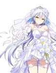  artist_request bouquet breasts bridal_veil bride character_request cleavage diadem dress elbow_gloves flower gloves holding long_hair looking_at_viewer medium_breasts million_arthur_(series) outstretched_arm petals simple_background smile solo strapless strapless_dress veil wedding_dress white white_background white_hair yellow_eyes 