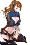  akito_(d30n26) armor armored_boots beatrix_(granblue_fantasy) blue_ribbon boots breasts brown_eyes brown_hair cleavage cleavage_cutout granblue_fantasy hair_ornament hair_ribbon highres kneeling large_breasts long_hair looking_at_viewer navel ribbon simple_background solo white_background 