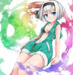  bikini bikini_under_clothes black_hairband blue_eyes colorful cowboy_shot hair_ribbon hairband hood hoodie konpaku_youmu looking_at_viewer navel open_clothes open_hoodie partially_unzipped ribbon short_hair silver_hair sleeveless sleeveless_hoodie smile solo swimsuit touhou uumaru zipper 