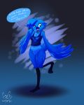  anthro avian beak bird blue_beak blue_hair clothed clothing english_text female hair kattwithglasses simple_background smile solo standing text tweetfur twitter 