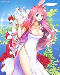  animal_ears artist_request blue_eyes bracelet breasts bunny_ears character_request cleavage cropped_jacket curly_hair dress elin_(tera) flower jewelry large_breasts long_hair pink_hair side_slit smile solo tera_online very_long_hair white_dress 