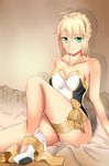  ahoge artoria_pendragon_(all) artoria_pendragon_(swimsuit_archer) bow breasts cleavage fate/grand_order fate/stay_night fate_(series) green_eyes high_heels highres love-saber medium_breasts sideboob smile solo swimsuit thighs 