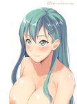  aqua_eyes aqua_hair bangs blush breasts cleavage closed_mouth eyelashes from_above hair_ornament hairclip kantai_collection kurowan large_breasts long_hair nipples nude simple_background smile solo suzuya_(kantai_collection) twitter_username upper_body white_background 