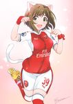  :d animal_ears arsenal_fc bob_cut breasts brown_hair cat_ears cat_tail character_name cleats fang green_eyes heart hector_bellerin highres idolmaster idolmaster_cinderella_girls inoue_sora maekawa_miku medium_breasts nail_polish number_pun open_mouth paw_pose premier_league product_placement puma_ag revision ribbon short_hair shorts smile soccer_uniform solo sportswear tail thigh_gap thighhighs twitter_username wrist_ribbon wristband 