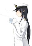  black_hair blowing breasts coffee_mug commentary_request cup epaulettes female_admiral_(kantai_collection) from_side gloves hat highres holding holding_cup jacket kantai_collection large_breasts long_hair military military_hat military_uniform mug niwatazumi peaked_cap profile red_eyes shadow sidelocks sketch solo steam tatebayashi_sakurako uniform white_background white_gloves white_jacket 