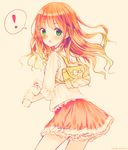  1girl backpack beige_background breasts exclamation_mark frilled_shirt frills green_eyes long_hair looking_at_viewer looking_back orange_hair orange_skirt shirt simple_background skirt solo spoken_exclamation_mark white_shirt 