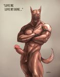  abs anthro balls biceps big_penis brown_fur canine crossed_arms dialogue dirty_talk erection fur glans humanoid_penis kamuijack male mammal muscular muscular_male penis simple_background solo source_request uncut 