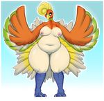  2016 anthro anthrofied avian bbd beak belly big_breasts big_thighs bird breasts feathers female front_view hi_res ho-oh huge_thighs legendary_pok&eacute;mon multicolored_feathers navel nintendo nipples nude orange_eyes overweight overweight_female pok&eacute;mon pok&eacute;morph simple_background solo standing thick_thighs video_games voluptuous wide_hips 