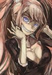  blue_eyes breasts brown_hair cleavage danganronpa enoshima_junko grin hair_bobbles hair_ornament hands_on_own_cheeks hands_on_own_face long_hair looking_at_viewer medium_breasts smile solo spoilers twintails upper_body yohane 