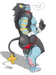  2014 anthro anthrofied black_fur black_hair blue_fur bow_tie butt clothed clothing condom dialogue digital_media_(artwork) ear_piercing english_text fur hair hyenaface looking_at_viewer luxray male mammal multicolored_eyes muscular nintendo nipple_piercing nipples piercing pok&eacute;mon pok&eacute;morph shirt_cuffs simple_background solo speedo stripper swimsuit text tongue tongue_out underwear video_games white_background yellow_fur 