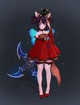  animal animal_ears animal_on_head arm_up bare_shoulders black_hair braid butterfly_wings cat cat_on_head choker detached_sleeves dog_ears dress elin_(tera) green_eyes hanbok highres horns korean_clothes long_hair on_head red_dress shoes shuriken strapless strapless_dress tail tera_online thighhighs twin_braids twintails weapon white_legwear wings 