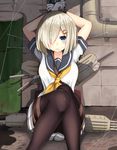  arms_up black_legwear blue_eyes bound bound_wrists breasts commentary drum_(container) gloves grey_skirt hair_ornament hair_over_one_eye hairclip hamakaze_(kantai_collection) kantai_collection knees_together_feet_apart large_breasts looking_at_viewer machinery narushima_kanna neckerchief pantyhose pleated_skirt school_uniform serafuku short_hair short_sleeves silver_hair sitting skirt solo turret twitter_username white_gloves yellow_neckwear 