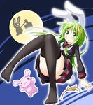  :3 :o animal_ears black_legwear black_serafuku bunny_ears bunny_tail commentary_request convenient_censoring convenient_leg crescent crescent_hair_ornament full_moon green_eyes green_hair hair_ornament ichimi kantai_collection long_hair long_sleeves looking_at_viewer moon nagatsuki_(kantai_collection) necktie school_uniform serafuku sitting tail thighhighs tsukimi white_neckwear 