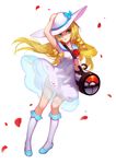  arm_up armpits bag blonde_hair braid dress flower green_eyes hand_on_headwear hat highres kneehighs lillie_(pokemon) long_hair poke_ball_print pokemon pokemon_(game) pokemon_sm print_bag s.advent shoes sleeveless sleeveless_dress solo sun_hat sundress twin_braids white_dress white_legwear wind wind_lift 