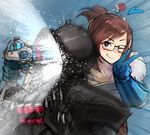  1girl ;q bangs black-framed_eyewear brown_eyes brown_hair bullying coat fur_trim glasses gloves hair_bun hair_ornament hair_stick headshot heart heart-shaped_pupils highres in_the_face looking_at_viewer mei_(overwatch) nishiide_kengorou one_eye_closed overwatch reaper_(overwatch) short_hair shotgun_shells sidelocks smile symbol-shaped_pupils tongue tongue_out v weapon 