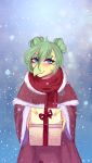 anthro blue_eyes blush bow_ribbon christmas christmas_clothing clothed clothing dinosaur eyelashes fur_trim_(clothing) gift green_hair hair hair_bun hi_res holidays humanoid_hands looking_at_viewer ornithischian presenting_gift reptile robe scales scalie scarf shawl simple_background slight_smile snoot_game snow solo stegosaurian stegosaurus stella_(snoot_game) thyreophoran yellow_body yellow_scales yuliia