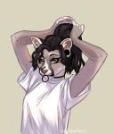 anthro brown_hair clothing ear_piercing female gauged_ear hair heartspark hi_res looking_at_viewer piercing ponytail shirt solo t-shirt topwear white_clothing white_shirt white_t-shirt white_topwear wild_cat