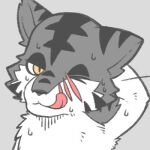 1:1 2016 bodily_fluids bust_portrait canid canine canis domestic_dog embarrassed facial_scar fur ginga_(series) grey_background grey_body grey_fur icon kagetora_(ginga) kemono low_res male mammal one_eye_closed pink_tongue portrait scar semi-anthro simple_background solo sweat temitess tongue white_body white_fur yellow_eyes