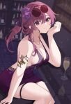  1girl absurdres arm_support armlet breasts cup dress drinking_glass eyewear_on_head flower hair_flower hair_ornament highres honkai:_star_rail honkai_(series) kafka_(honkai:_star_rail) long_hair looking_at_viewer medium_breasts purple_dress purple_eyes purple_hair rererere_mon smile sunglasses thigh_strap 