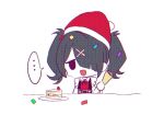  ... 1girl :d ame-chan_(needy_girl_overdose) black_eyes black_hair black_ribbon cake cake_slice chibi collared_shirt commentary confetti food hair_ornament hair_over_one_eye hat holding holding_party_popper kabe_(zp66104) long_hair looking_at_viewer neck_ribbon needy_girl_overdose open_mouth party_popper red_headwear red_shirt ribbon sad_smile santa_hat shirt simple_background smile solo spoken_ellipsis symbol-only_commentary twintails upper_body white_background x_hair_ornament 