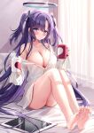  1girl ass barefoot blue_archive blue_eyes blush breasts cleavage collarbone cup feet halo heart heart_print highres holding holding_cup indoors knees_up large_breasts legs legs_together long_hair looking_at_viewer mug naked_shirt purple_hair shirt silveroid single_bare_shoulder sitting smile soles solo steam tablet_pc toes two_side_up very_long_hair white_shirt yuuka_(blue_archive) 