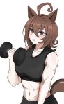  1girl absurdres agnes_tachyon_(umamusume) ahoge animal_ears bare_shoulders black_pants black_sports_bra blush breasts brown_eyes brown_hair closed_mouth commentary_request dumbbell exercise hair_between_eyes highres horse_ears horse_girl horse_tail looking_at_viewer messy_hair midriff miya_nns35 muscular muscular_female navel pants short_hair simple_background solo sports_bra tail umamusume weightlifting white_background 