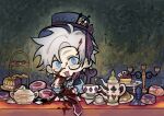  1boy :3 absurdres blood blood_in_hair blood_on_face blood_on_hands blood_on_knife blue_eyes blue_shirt card chibi chinese_commentary commentary_request cosplay cup danielle907 doughnut food highres kanou_aogu knife long_sleeves mad_hatter_(alice_in_wonderland) mad_hatter_(alice_in_wonderland)_(cosplay) male_focus neck_ribbon open_mouth playing_card ribbon saibou_shinkyoku shirt solo white_hair white_ribbon 