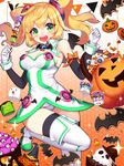  :d ankkoyom bare_shoulders blonde_hair breasts cleavage cookie food gloves green_eyes hacka_doll hacka_doll_1 highres jack-o'-lantern looking_at_viewer marshmallow_mille medium_breasts open_mouth smile solo sprinkles teeth thighhighs twintails white_gloves 