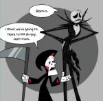 2023 absurd_res animated_skeleton bone cartoon_network clothed clothing death_(personification) dialogue duo english_text grim_(tgaobam) hi_res humor i_think_we&#039;re_gonna_have_to_kill_this_guy jack_skellington male melee_weapon meme polearm rasbipac sad scythe simple_background skeleton speech_bubble text the_grim_adventures_of_billy_and_mandy the_nightmare_before_christmas undead weapon