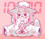  1girl :3 absurdres animal_ear_fluff animal_ears animal_feet animal_hands blush body_fur cat_ears cat_girl cat_tail claws coat cross-shaped_pupils doctor ear_piercing full_body furrification furry furry_female grey_fur grey_hair hair_ornament hairpin hat head_mirror highres long_sleeves looking_at_viewer multicolored_hair neck_fur nikamoka nurse_cap open_mouth original oversized_clothes piercing pink_background pink_eyes pink_hair pink_theme pocket seven-segment_display simple_background sitting solo streaked_hair sweat symbol-shaped_pupils tail white_coat white_fur white_hair white_headwear 
