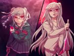  2girls alternate_costume alternate_hairstyle blood braid danganronpa_(series) danganronpa_2:_goodbye_despair danganronpa_3_(anime) glasses jacket katana long_hair multiple_girls pants pekoyama_peko red_eyes shirt skirt sword tagme twintails upper_body weapon white_pants zi_huahuo 