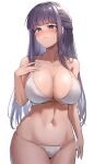  1girl alternate_costume bikini blunt_bangs breasts cleavage closed_mouth collarbone commentary cowboy_shot fern_(sousou_no_frieren) frown hanabusaraleigh hand_on_own_chest highres large_breasts light_blush long_hair looking_at_viewer navel purple_eyes purple_hair sidelocks solo sousou_no_frieren stomach straight_hair sweatdrop swimsuit white_background white_bikini 