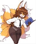 9_tails anthro arms_bent blush book breasts brown_body brown_fur brown_hair canid canine clothed clothing cute_fangs dress_shirt eyebrow_through_hair eyebrows female fluffy fluffy_tail fox fox_spirit fur glistening glistening_clothing glistening_hair glistening_legwear hair half-closed_eyes hands_on_waist hi_res holding_book holding_object inner_ear_fluff kemono legwear looking_at_viewer mammal motion_lines multi_tail multicolored_body multicolored_fur narrowed_eyes necktie open_mouth open_smile panties pantyhose reccand shirt shirt_collar simple_background small_breasts smile solo standing tail tail_motion tailwag tongue topless topless_anthro topless_female topwear translucent translucent_hair tuft underwear white_background white_body white_clothing white_fur white_panties white_underwear yellow_body yellow_eyes yellow_fur