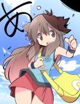  1girl black_wristband blue_shirt blue_sky brown_eyes brown_hair hair_between_eyes highres leaf_(pokemon) open_mouth panties pokemon pokemon_frlg rascal_(feuille) red_skirt shirt skirt sky translation_request underwear vs_seeker white_panties wind yellow_bag 