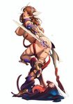  armor bikini_armor blush breasts brown_eyes brown_hair cape dark_skin gauntlets hair_ornament holding holding_weapon jpeg_artifacts large_breasts long_hair looking_back mole monster oda_non open_mouth original simple_background sword tentacles thighhighs torn_clothes weapon white_background 