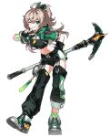  1girl absurdres ahoge artist_request belt black_belt black_gloves black_thighhighs bow brown_hair buckle crop_top dot_nose elsword fingerless_gloves full_body gem gloves green_bow green_eyes green_hoodie green_socks grin hair_bow hand_on_own_hip highres holding holding_pickaxe hood hoodie jewelry leaning_forward lithia_beryl_(elsword) long_hair looking_at_viewer midriff navel necklace official_art one_eye_closed pickaxe ponytail poten_finder_(elsword) shoes shorts smile sneakers socks solo standing thighhighs transparent_background 