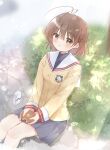  1girl :3 anpan antenna_hair blazer blue_skirt blush brown_eyes brown_hair carton clannad closed_mouth commentary_request day feet_out_of_frame food furukawa_nagisa hair_ornament hairclip highres hikarizaka_private_high_school_uniform holding holding_food jacket juice_carton long_sleeves medium_hair miniskirt outdoors pleated_skirt sailor_collar sakura_aki school_uniform sitting skirt smile solo sunlight turtleneck white_sailor_collar yellow_jacket 