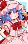  :d arm_garter bat_wings blue_background blue_hair bow bowtie eichi_yuu frilled_shirt frills grin hand_on_hip hat hat_ribbon index_finger_raised looking_at_viewer mob_cap no_nose open_mouth pink_hat pink_shirt pink_skirt puffy_short_sleeves puffy_sleeves red_bow red_eyes red_neckwear red_ribbon remilia_scarlet ribbon shirt short_hair short_sleeves skirt smile solo touhou upper_body v-shaped_eyebrows wings wrist_cuffs 