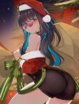  1girl absurdres ass bare_shoulders black_hair blue_hair breasts colored_inner_hair eyeliner fate/grand_order fate_(series) grey_eyes highres long_hair looking_at_viewer looking_back makeup multicolored_hair off_shoulder round_eyewear sidelocks small_breasts solo sunglasses tenochtitlan_(fate) thighs ura_illust 