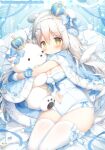  1girl animal_ears bear_ears blue_bow blue_cape bow breasts cape crown grey_hair hair_between_eyes hair_bow momozu_komamochi navel official_art oppai_loli original smile stuffed_animal stuffed_toy teddy_bear thighhighs thighs watermark white_hair white_thighhighs yellow_eyes 