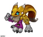 2023 3_fingers ambiguous_gender anthro armwear bandai_namco black_sclera blue_eyes bridal_gauntlets claws clothing digimon digimon_(species) dipstick_ears fingers fur hi_res looking_at_viewer multicolored_ears renamon simple_background sinobali solo tail tuft white_body white_fur yellow_body yellow_fur