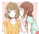  2girls ahoge amami_haruka blonde_hair blue_eyes blue_shirt blue_sleeves blush_stickers border bow bowtie brown_hair closed_eyes collarbone commentary_request eyelashes flower from_side hair_bow hair_flower hair_ornament hand_on_another&#039;s_ear idolmaster idolmaster_million_live! layered_sleeves light_blush long_sleeves looking_at_another medium_hair multiple_girls one_eye_closed orange_shirt orange_sleeves parted_lips pink_background pink_bow pink_bowtie pink_skirt shirt short_over_long_sleeves short_sleeves sketch skirt smile suou_momoko t-shirt upper_body white_border white_flower witoi_(roa) yellow_shirt yellow_sleeves 