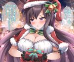  1girl animal_ears blurry blurry_background breasts cleavage closed_mouth commentary_request gift gloves hat holding holding_gift horse_ears horse_girl liukensama medium_breasts mejiro_dober_(umamusume) official_alternate_costume open_mouth purple_eyes ribbon santa_costume santa_hat smile solo speech_bubble translation_request umamusume 