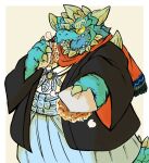 anthro asian_clothing cipactli_(tas) clothing dragon east_asian_clothing eating eyebrows food horn japanese_clothing kimono lifewonders male offering_food okonomiyaki okudami overweight solo thick_eyebrows tokyo_afterschool_summoners